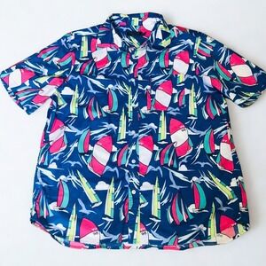 Vineyard Vines Shirt Mens L Blue Sailboat Print Button Up Short Sleeve Cotton